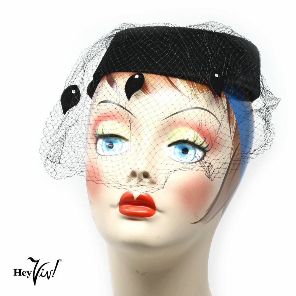 Vintage Black Velvet Halo Ring Hat w Veil and Rhinestone Leaf Trim - Hey Viv